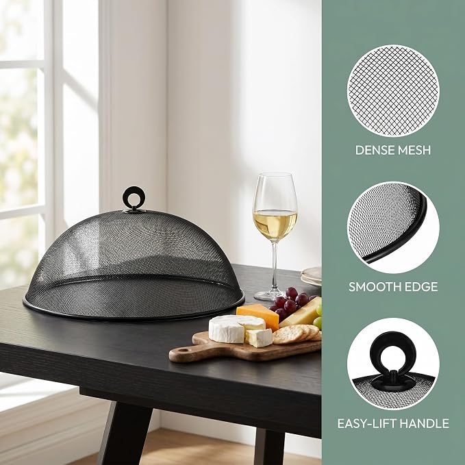 MAGICLULU 2-Pack Metal Mesh Food Covers, 11.8-Inch Net Dome Plate Fly Tents, Outdoor Plant Seedling Protectors for Picnic, BBQ, Garden and Kitchen (Black, White)