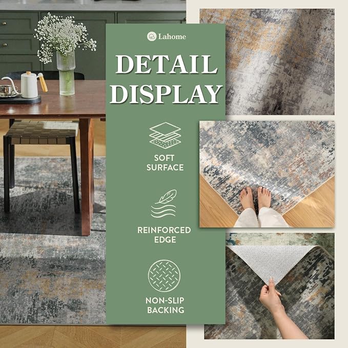 Lahome Modern Abstract 9x12 Area Rugs for Living Room, Washable Living Room Rug for Bedroom Low Pile Non Slip, Grey Soft Indoor Accent Carpet for Dining Room Table Apartment