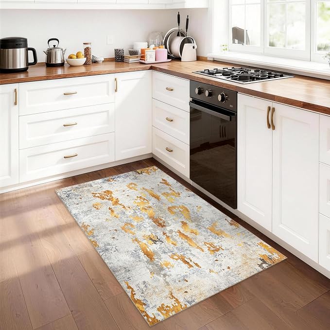 Washable Area Rug 3x5: Modern Small Rugs and Mats for Entryway Kitchen Bathroom Bedroom Indoor - Non-Slip Stain Resistant Thin Low Pile - Orange Gold Grey