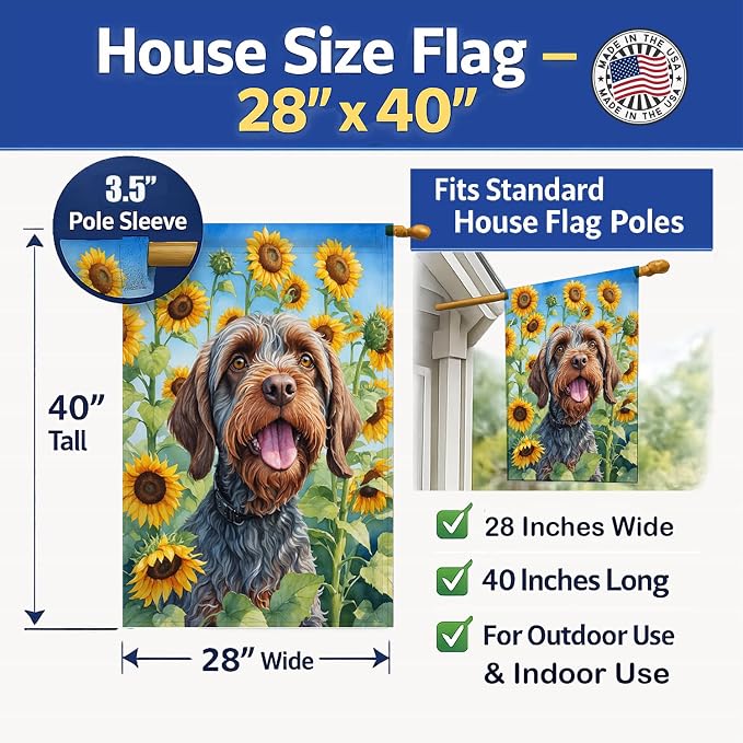 Caroline's Treasures DAC6177CHF Wirehaired Pointing Griffon in Sunflowers House Flag Large Porch Sleeve Pole Decorative Outside Yard Banner Artwork Wall Hanging, Polyester, House Size, Multicolor