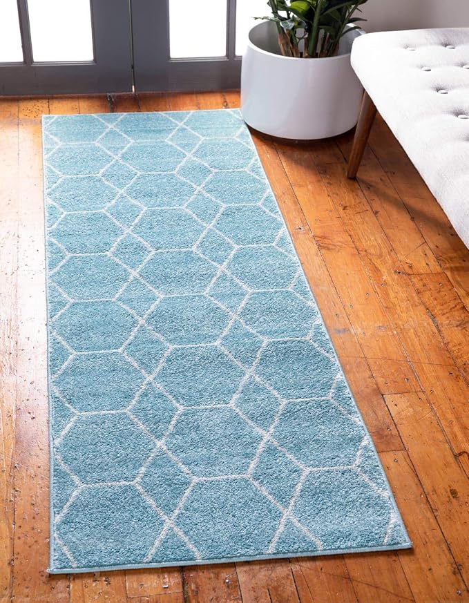 Unique Loom Trellis Frieze Collection Area Rug - Geometric (2' x 13' 1" Runner, Light Blue/ Ivory)