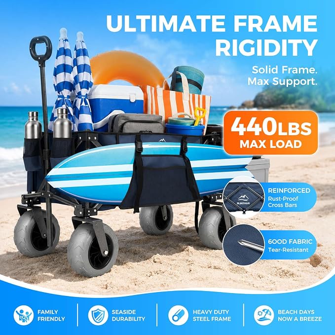 Heavy Duty Beach Wagon with 9" Big Sand-Proof Balloon Wheels, 200L Oversized Foldable Beach Cart, 440LBS Utility Wagon with Side Pocket for Sand,Camping,Vacation