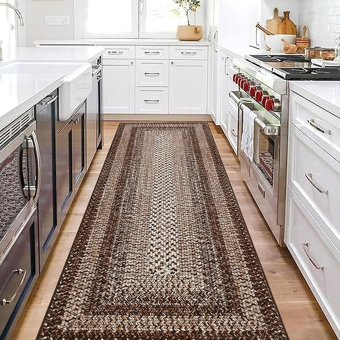 RUGSREAL 2x6 Runner Rug Braided Print Hallway Area Rugs Machine Washable | Throw Floor Cover Non Slip Modern Runner Carpet for Kitchen Farmhouse Rustic Carpet for Living Room Bedroom, Brown