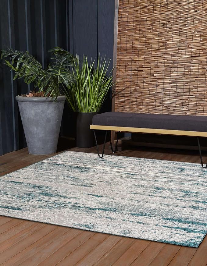 Unique Loom Outdoor Modern Collection Area Rug - Cartago (10' Square, Teal/ Ivory)