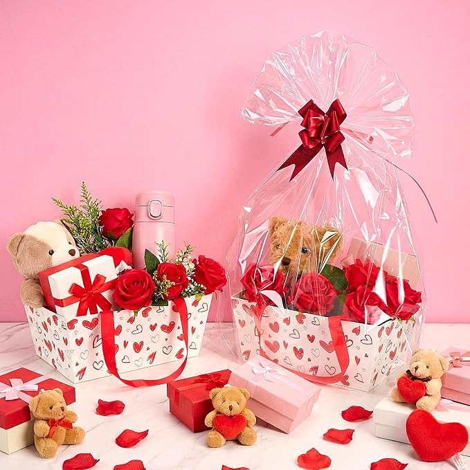 Qinyoung 12 Pack Red Heart Baskets for Gifts Empty Heart Gift Basket with Handles, Pull Bows, Cellophane Bags and Twist Ties for Valentine Mother's Day Wedding Bridal Party Favor Supplies, 9.8 x 6.5''