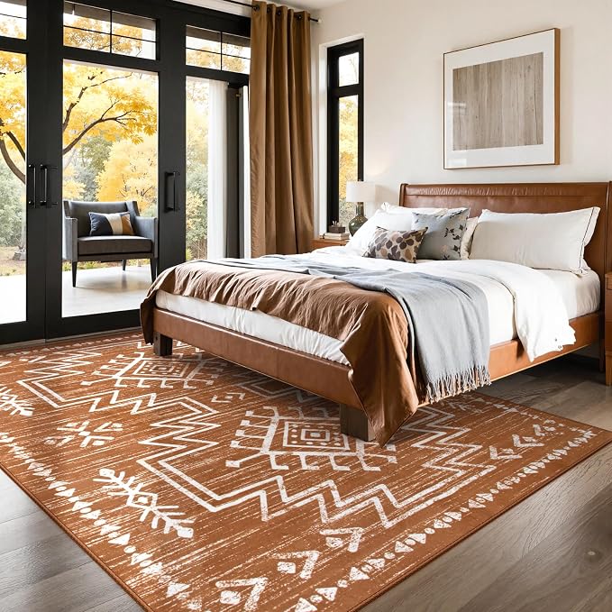 Lahome Vivienne 8x10 Boho Rugs for Living Room, Washable Western Burnt Orange Large Area Rug for Bedroom Dining Room, Soft Stain Resistant Aztec Carpet Fall Rug for Guestroom Office