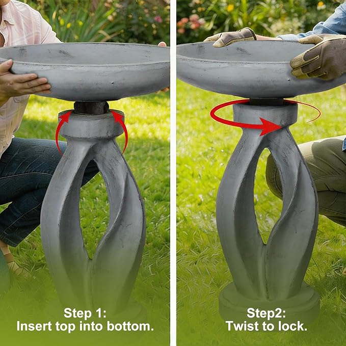 SKYFIRE 21.85 Inch Tall Pedestal Bird Bath, Fibre Reinforced Concrete Birdbath with Twisted Base, Weather Resistant & Durable Bird Bath for Garden Patio Lawn Backyard, Gray