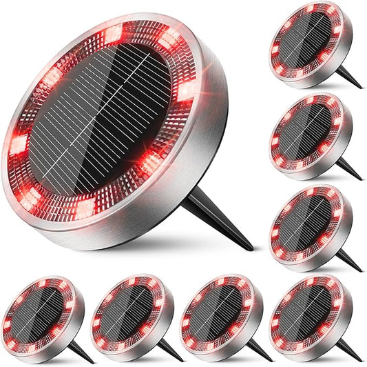 Peasur Mini Solar Ground Lights Outdoor, 8 Pack Flat Solar Powered Disc Lights, IP68 Waterproof, Anti-Rust, Landscape Lighting for Pathway Garden Yard Lawn Walkway Landscape Driveway, Red