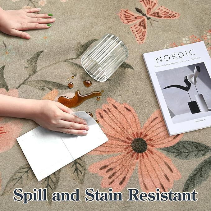 Lahome Floral Kitchen Runner, 2X6 Washable Hallway Runner Rug Non-Slip | Scalloped Ultra-Thin Soft Hallway Rug Stain Resistant Boho Carpet for Bedroom Laundry Bathroom Flore, Brown