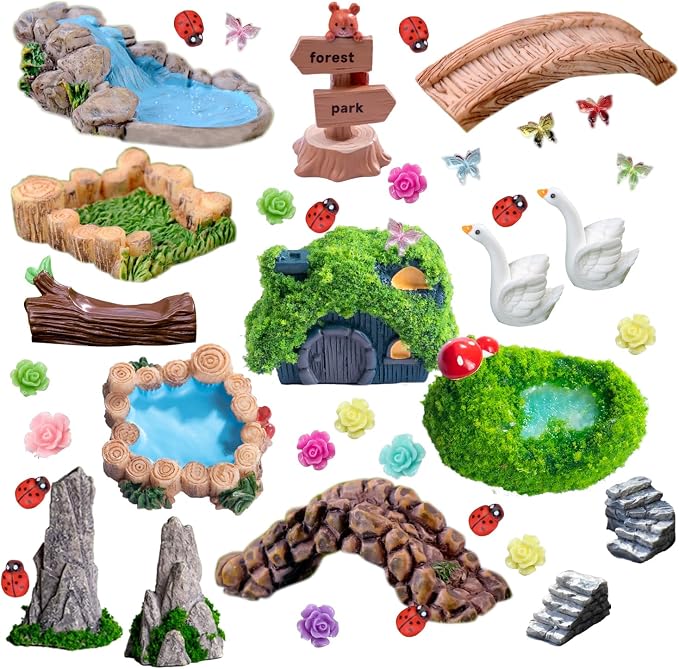 U-Zimikee 45 Pcs Resin Mini Garden Accessories - Miniature Landscape Decorations with Mini Bridge Pond Mountain House Figurines Swan Ladybug Butterfly Flower Figures Bulk for Dollhouse Garden Craft
