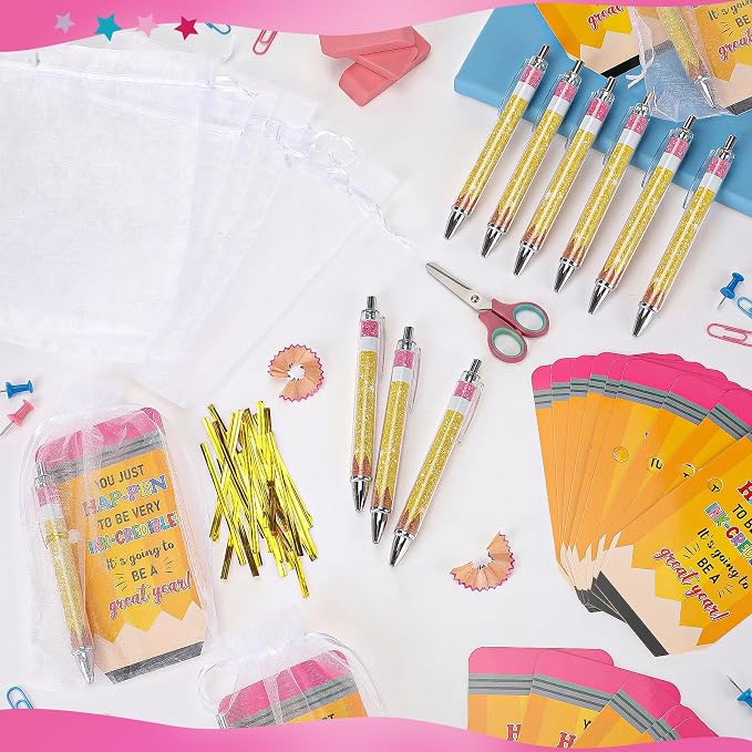 Marspark 30 Sets Back to School Student Gifts Bulk First Day of School Gifts Ballpoint Pens and Pencil Shaped Greeting Cards Set with Bag Twist Ties for Teacher Classroom Prizes Rewards Party Favors