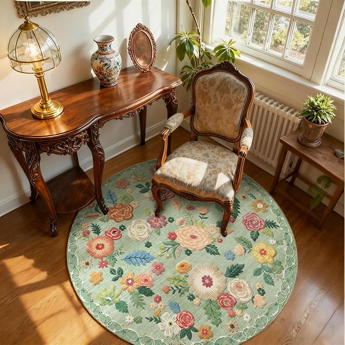4ft Washable Round Rugs for Bedroom: Circle Living Room Rug Vintage Non Slip Low Pile Soft Faux Wool Non Shedding Small Circular Rug for Kitchen Entryway Bathroom Bedside Office CollegeDorm Kids Room
