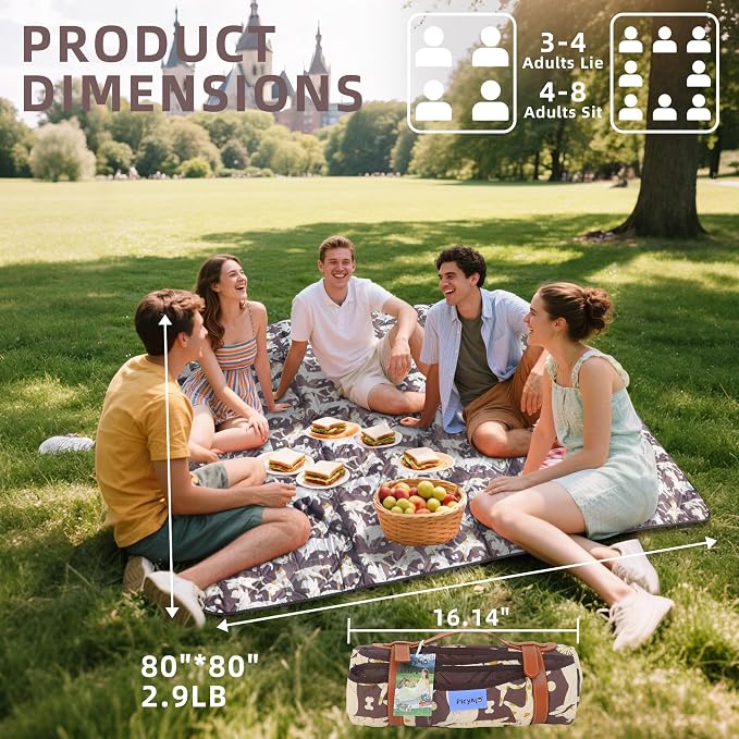 Double Thickened Picnic Blanket, 80x80 Inches, White Fish Pattern, Cotton Filled, Portable Foldable with Leather Carry Strap, Beach and Camping