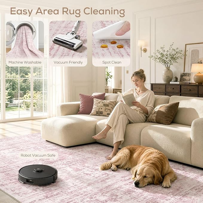 Nakagishi 8X10 Abstract Washable Area Rugs for Living Room-Pink | Modern Non-Slip Silicone Backing Low Pile Soft Carpet for Bedroom Dining Decor Ideal for Families with Kids and Pets