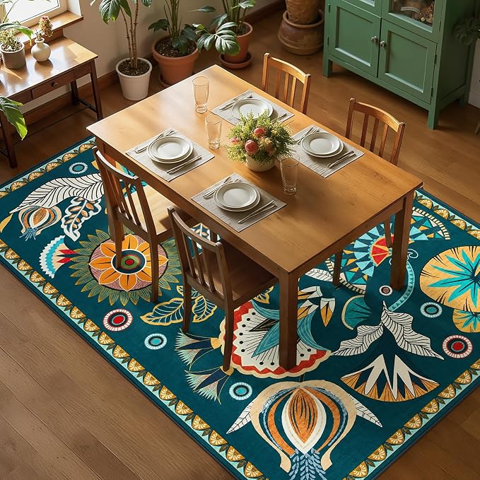 Joydeco Egypt Floral Machine Washable Living Room Bedroom Area Rugs 5x7 | Boho Botanical Colorful Non Slip Stain Resistant Flower Indoor Carpet for Dining Room Office Entryway Guest Room Playroom