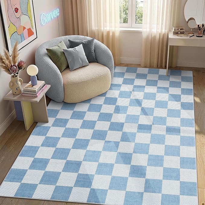 GarveeHome Checkered Blue 2x3 Washable Coastal Rug Low-Pile Small Door Mat | Light Blue Area Rug for Entryway Hallway Kitchen Bathroom Stain Resistant Low-Pile Non-Slip Soft Rugs TPE Backing