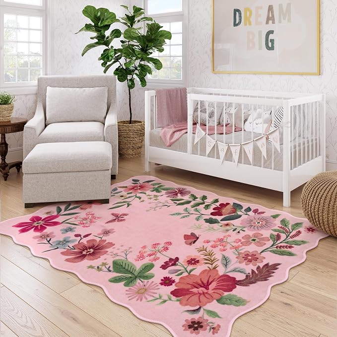 Lahome Floral Washable Rugs, 4X6 Pink Rugs for Bedroom Girls Living Room | Ultra-Thin Soft Non-Slip Stain Resistant Boho Low-Pile Throw Carpet for Nursery Office Flore (4x6ft, Pink)