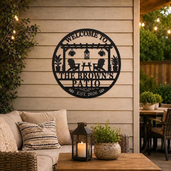Personalized Happy Place Metal Sign, Custom Patio Sign for Outdoor Wall Decor, Oasis Sign for Porch Backyard Garden Pool House, Round Metal Sign, Housewarming Gift