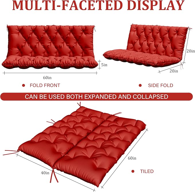 Porch Swing Cushion with Backrest,Waterproof Bench Cushion for Outdoor Furniture,2-3 Seater Replacement Thickened 5 in swing cushion,with Ties,Patio,Outdoor,Backyard and Garden (Red,60x40 in)