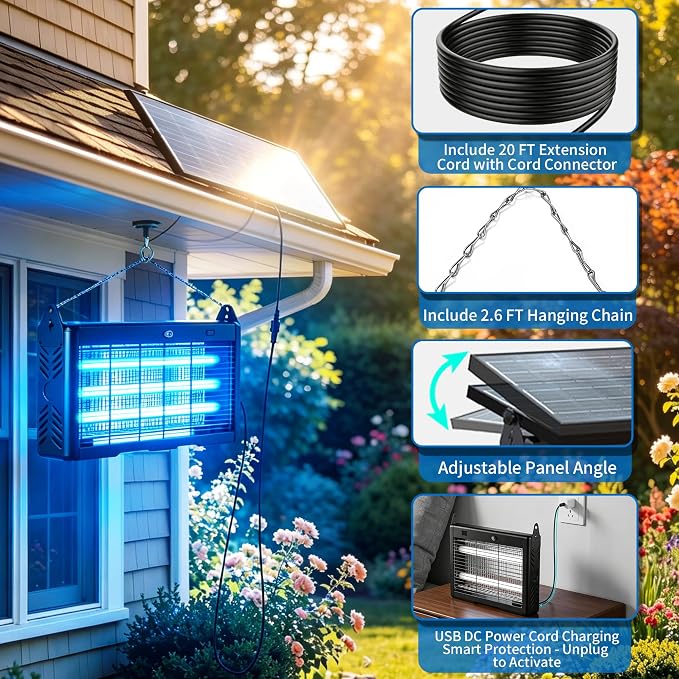 Solar Bug Zapper, 2500V Grid, 8000mAh Battery, 365-395nm UV Light, IPX5 Waterproof, Dusk-to-Dawn Sensor, 1 Acre Coverage, Black, for Outdoor Indoor Use (20inch)