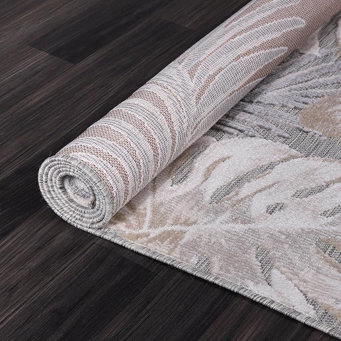 CAMILSON Indoor Outdoor Rug, Beige 5x7 Leaf Tropical Botanical Area Rugs for Indoor and Outdoor patios, Easy-Cleaning Non-Shedding Living Room, Garden and Kitchen Washable Outside Carpet (5 x 7)