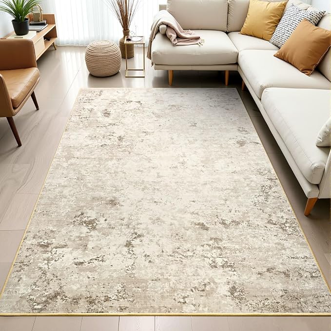 Toneed 4x6 Washable Non Slip Abstract Area Rugs for Bedroom Living Room | Soft Modern Low Pile Rug for Kitchen Hallway Office,Indoor Carpet for Kids Nursery Home Decor, Beige