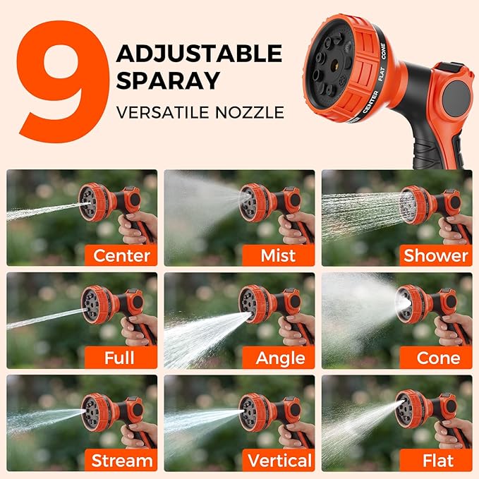 New Retractable Garden Hose Reel 5/8 inch x 50 ft 9 Pattern Nozzle Heavy Duty Wall-Mounted 180° Swivel Any Length Lock Automatic Slow Return UV Resistant Hose Reels for Outside