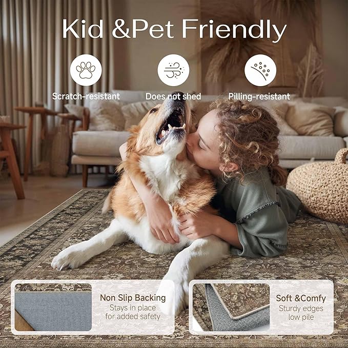 HUGEAR 3x5 Machine Washable Rugs Brown Hallway Area Rug Indoor Accent Rug Floral Mid Pile Carpet Soft Thicker Throw Rug Bedroom Living Room Office Dining Room Kitchen Laundry Room Non Slip