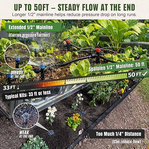 Push-to-Connect Drip Irrigation System Kit, Complete Premium Garden Watering System with 50FT 1/2" Mainline, Leak-Resistant Quick Connect Fittings, Adjustable Drip Emitters for Raised Beds, Greenhouse