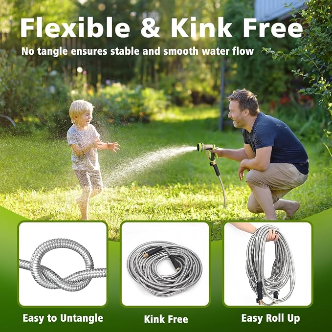 Metal Garden Hose 100ft Stainless Steel Hose Heavy Duty Flexible Water Hose with 10 Way Spray Nozzle 3/4 Solid Brass Fittings-Outdoor Yard Lightweight No Kink Leak Resistant Water Pipe
