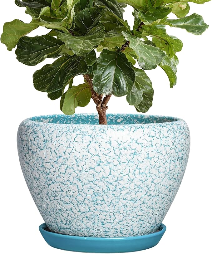 Ceramic Flower Pot, 10 Inch, Crackle Blue | Drainage Hole and Tray, Indoor Outdoor Use, Decorative Planter, Living Room Decor, Plant Lover Gift