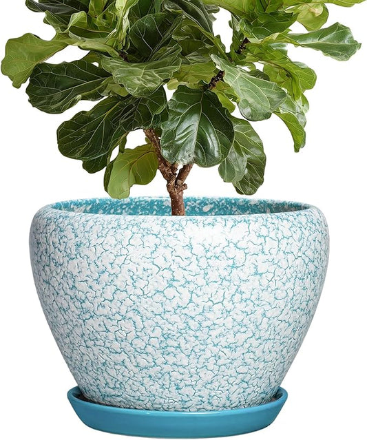 Ceramic Flower Pot, 10 Inch, Crackle Blue | Drainage Hole and Tray, Indoor Outdoor Use, Decorative Planter, Living Room Decor, Plant Lover Gift