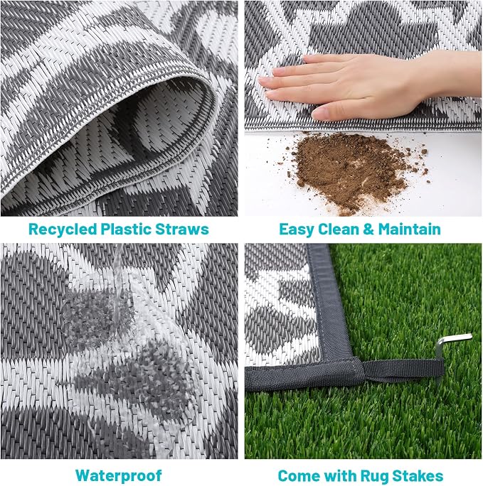 HEBE Outdoor Rug Waterproof 9x12, Plastic Straw Rug Camping Rug, Reversible Outdoor Patio Rugs RV Mat Clearance, Indoor Outside Floor Carpet for Porch,Deck,Camper,Balcony,Backyard