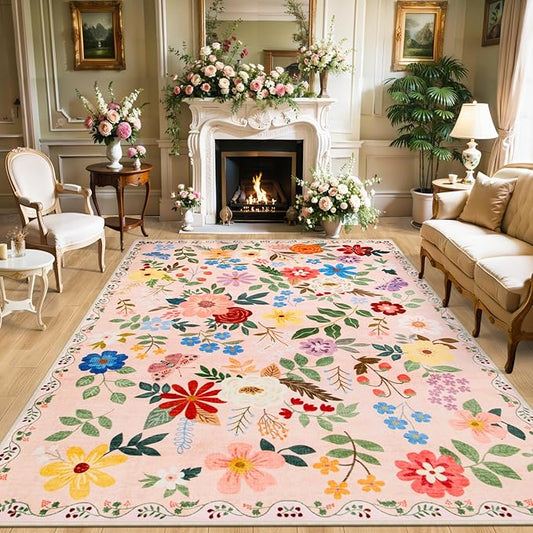 PLHXFR 8x10 Area Rug Living Room: Floral Washable Boho Soft Carpet Beige | For Bedroom Dining Room Farmhouse Nursery Hallway,Vintage Floral,Machine washable,Non Slip,Stain Resistant,Large Indoor