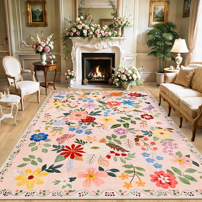 PLHXFR Area Rug 9x12 Living Room: Floral Washable Boho Soft Carpet Beige | For Bedroom Dining Room Farmhouse Nursery Hallway,Vintage Floral,Machine washable,Non Slip,Stain Resistant,Large Indoor