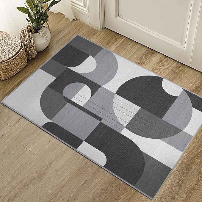 2x3 Black and White Geometric Modern Rug for Bathroom Entryway Abstract Area Rug Machine Washable Mat Non-Slip Small Carpet for Bedroom Kitchen Indoor