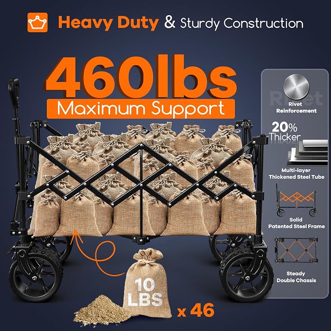 Originsure 220L Collapsible Wagon Cart Foldable, 460lbs Load Capacity Heavy Duty Folding Beach Wagons with Big All-Terrain Wheels, Utility Carts for Groceries, Shopping, Camping, Sports - Red