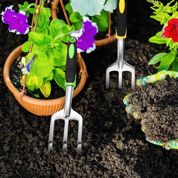 Yaocom 24 Pcs Hand Rake Garden Tool Mini Heavy Duty Garden Cultivator 11 Inch Small Rakes Gardening Aluminum Alloy Hand Tiller with Handle for Digging Weeding Loose Soil