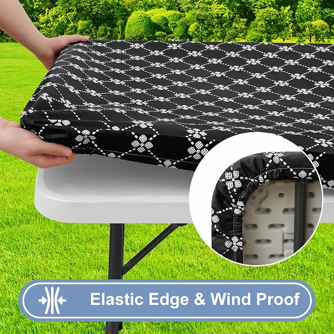 misaya Rectangle Vinyl Table Cloth, Elastic Fitted Tablecloth with Flannel Backing, Waterproof Plastic Table Cover Fits 4 Foot Folding Tables for Picnic, Camping, Indoor and Outdoor (Black, 30" x 48")