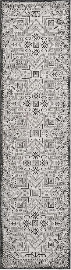 Unique Loom Outdoor Aztec Collection Area Rug - Coba (2' 7" x 10' Runner Charcoal Gray/Ivory)