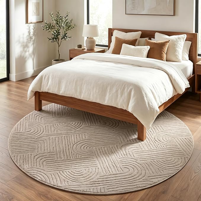 Etwel 5.2 ft Taupe Geometric Textured High-Low Pile Washable Round Rug | Modern Soft Carpet, Non-Slip PVC Backing, Low Profile, Kid and Pet Friendly, for Living Room, Bedroom, Dining Room, Nursery