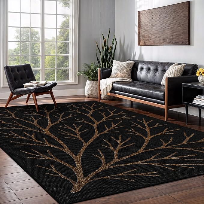 Washable Indoor Outdoor Rug 9x12 Modern Area Rugs Branch Pattern Non Shedding Waterproof Easy Clean Patio Deck Porch Living Room Bedroom Garden RV (9 X 12 Gold)