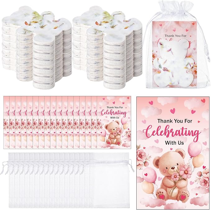 Dunzoom 50 Sets Baby Shower Party Gifts for Guests Little Bear Shaped Seed Paper Handmade Flower Petals Tags Plantable Wildflower Seed Paper Recycled Thank You Cards and Organza Bags for Party Favor