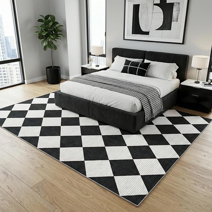 GarveeHome Black and White Area Rugs 8x10 Living Room Checkered Washable | Large Rug Soft Non Slip Backing Floor Mat Carpet Indoor Thin Rug for Bedroom Dining Room Playroom Nursery Home Decor