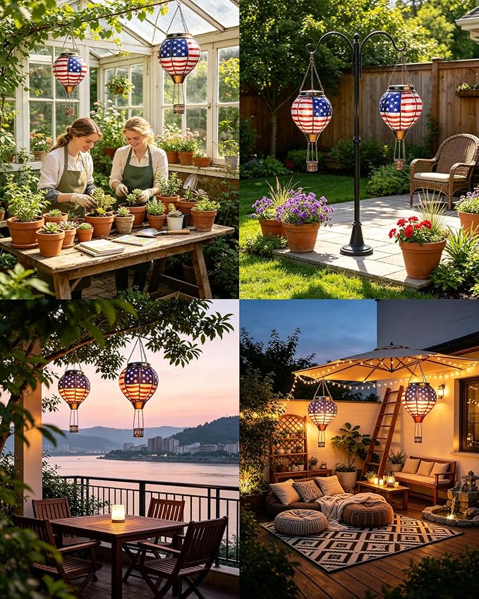 Larekook Solar Hot Air Balloon Lantern with Flame Flickering,Glass Hot Air Balloon Solar Lantern Outdoor Waterproof Hanging Garden Light for Patio Porch Yard,Birthday Gifts for Women(American Flag)