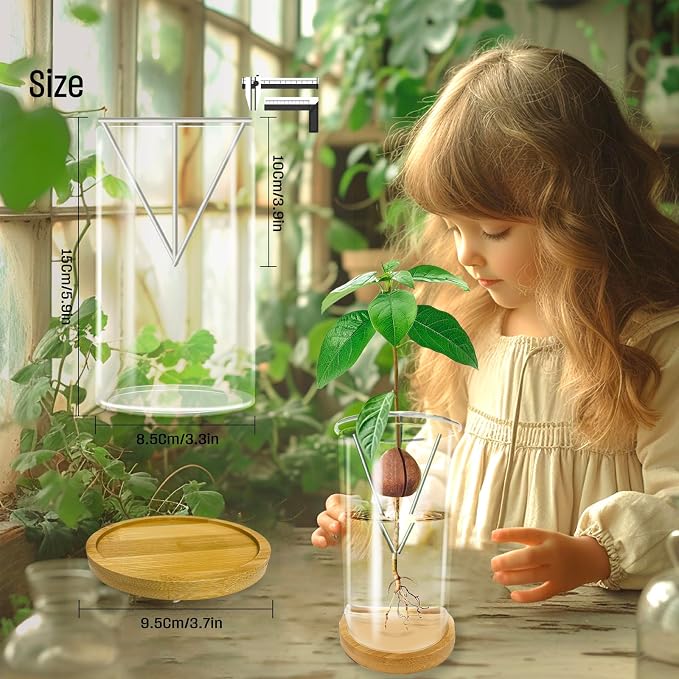 Avocado Seed Starter Vase - Avocado Tree Growing Kit with Base and Sticker, Glass Avocado Pit Sprouting Plant Pot Gift for Women, Gardening Lovers Home Office Table Decoration, Indoor No Seed
