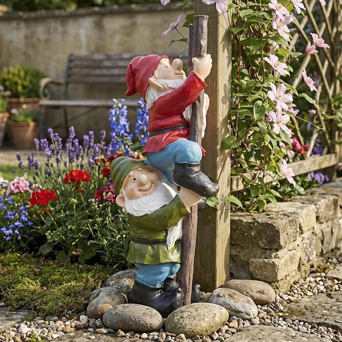 Elenon Funny Gnomes on Ladders Garden Statue, 14“ HIGH Gnomes Climbing Tree Figurine, Resin Outdoor Yard Lawn Decor, Cute Whimsical Patio Ornament for Garden, Porch, Backyard Decoration