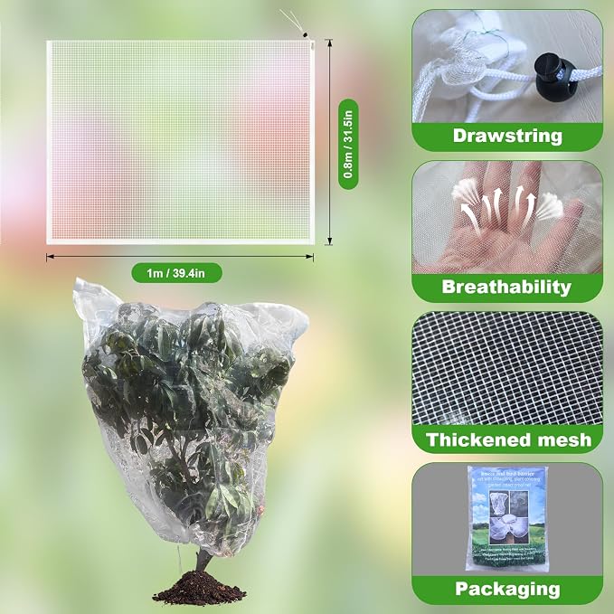 4 Pack Garden Plant Netting, 3.3Ft x 2.7Ft Garden Netting Pest Barrier Mesh Covers Bags with Drawstring Insect Bird Cover Netting Plant Protection Covers for Vegetables Bushes Fruits Tree