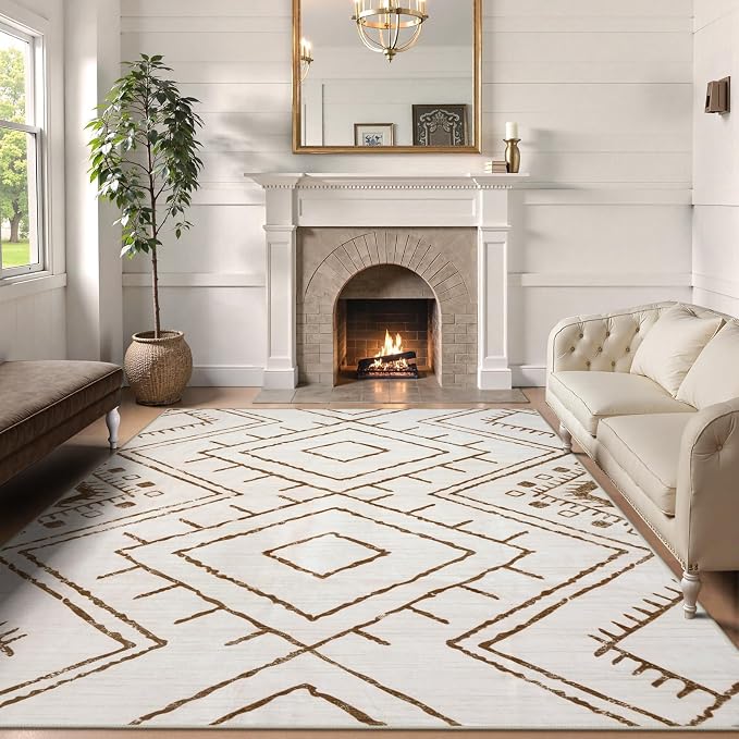 LIVEBOX Moroccan 8x10 Area Rug, Beige Washable Rugs for Living Room Bedroom, Non Slip Western Tribal Rug Low Pile Geometric Large Area Rugs Diamond Carpet for Dining Room, Nursery Room, Playroom Boho