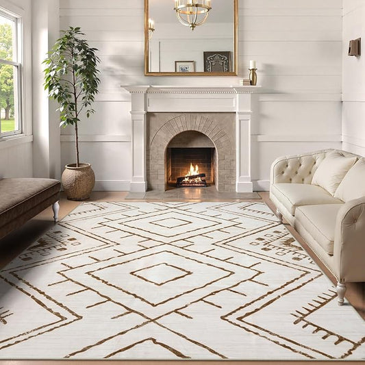 LIVEBOX Moroccan 8x10 Area Rug, Beige Washable Rugs for Living Room Bedroom, Non Slip Western Tribal Rug Low Pile Geometric Large Area Rugs Diamond Carpet for Dining Room, Nursery Room, Playroom Boho